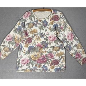 Vintage Floral Knit Sweater Women Crew Neck Long Sleeve Multicolor Garden Floral